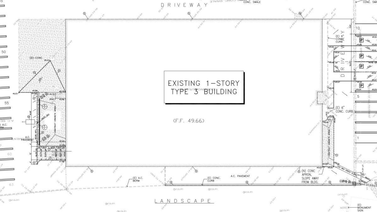 Grading and drainage plan for Ferrari and Maserati of Newport Beach on Red Hill Avenue in Costa Mesa showing parking lot layout, spot elevations, ADA-compliant ramps, swale removal areas, and drainage design