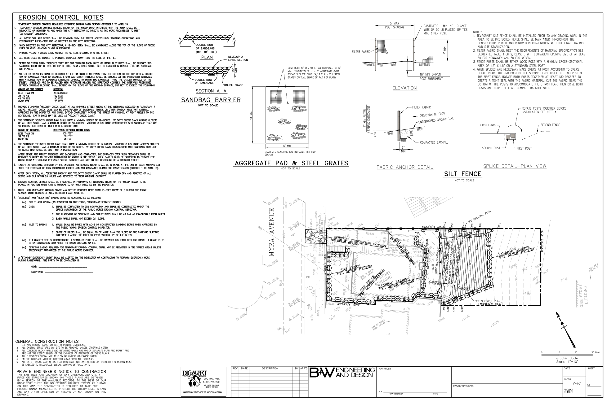 Echo Park Erosion Control Plan - Temporary erosion control measures including sandbag barriers, silt fences, and construction entrance specifications