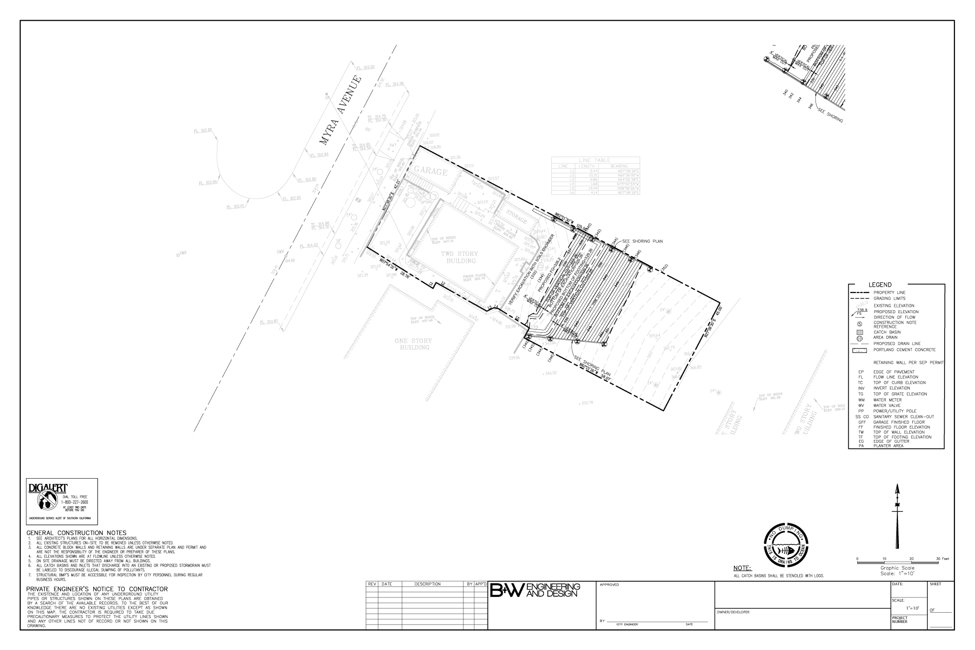 Echo Park Excavation Plan - Site plan showing building locations, shoring plan, and drainage layout for Myra Avenue property