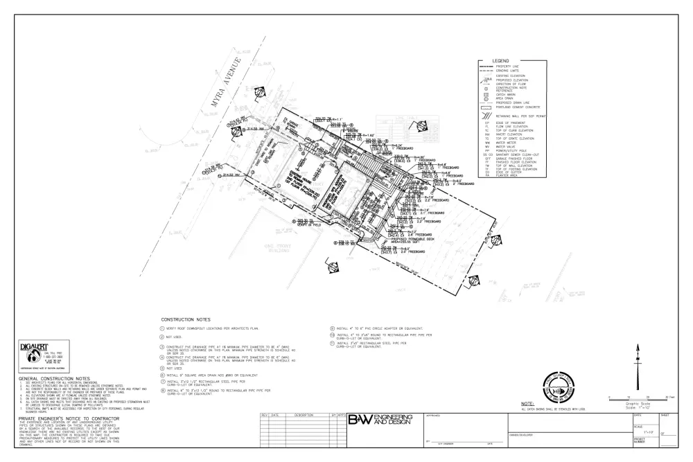 Echo Park Grading Plan - Detailed plan showing contours, drainage pipes, catch basins, and flow elevations for hillside property