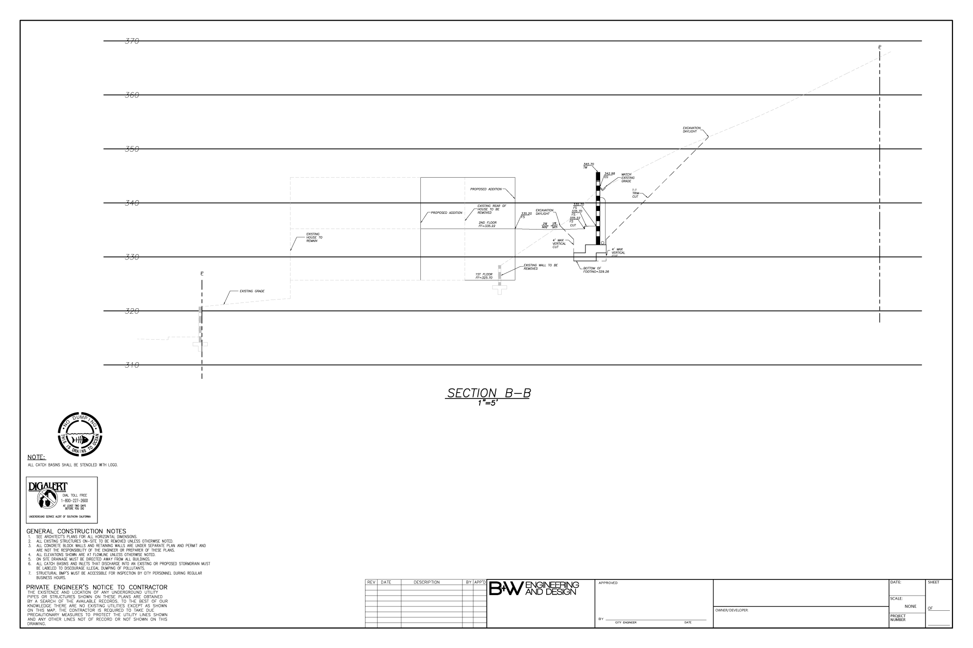 Echo Park Grading Section - Cross-section showing proposed addition, existing house to remain, and excavation daylight grades