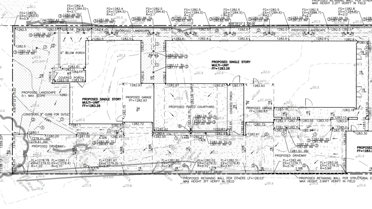 Drainage plan for Altadena multi-unit residential project showing drainage layout and street plans