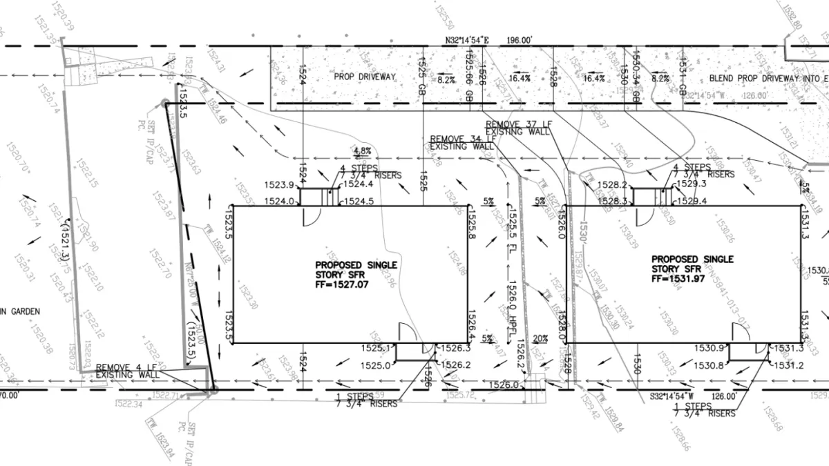 Drainage plan for Altadena residential project showing flowlines, elevations, and slope arrows