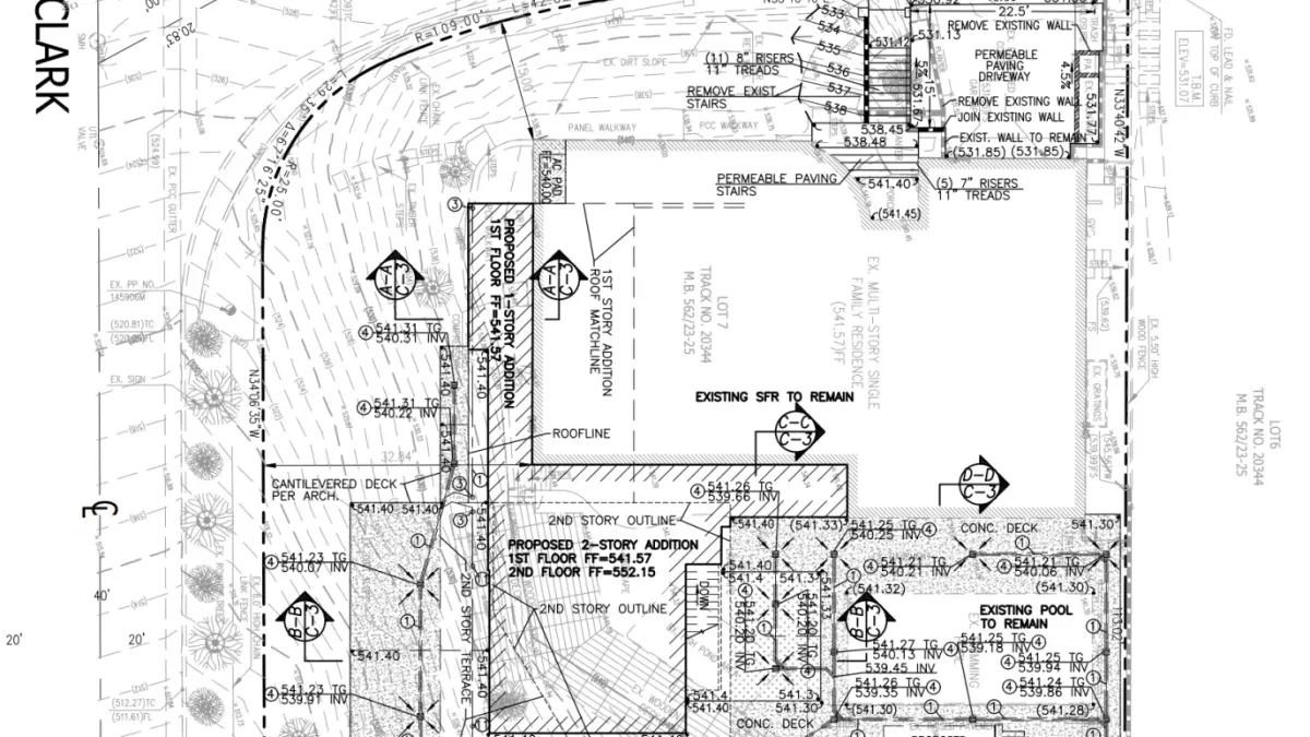 Grading plan for Devlin Drive showing proposed additions, pool deck, permeable paving, rain garden, and drainage improvements