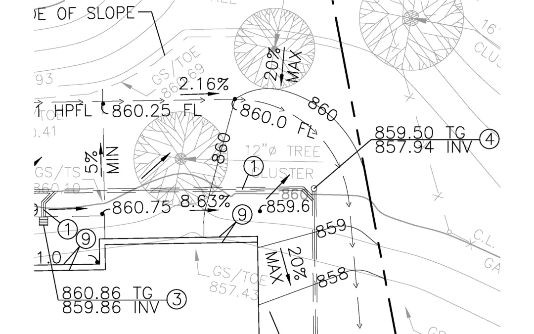 Los Feliz hillside grading and drainage project showing complex terrain modeling and drainage design