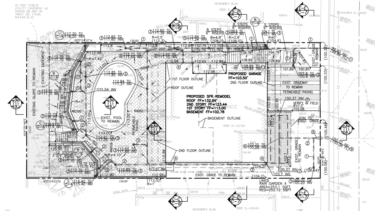 Grading and drainage plan for Marquez Terrace residence showing proposed 2-story house, basement, pool, lined rain garden, and flow arrows