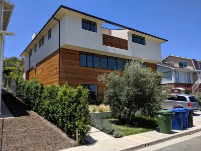 Completed 3-story modern home on Marquez Terrace in Pacific Palisades with hillside grading and LID drainage