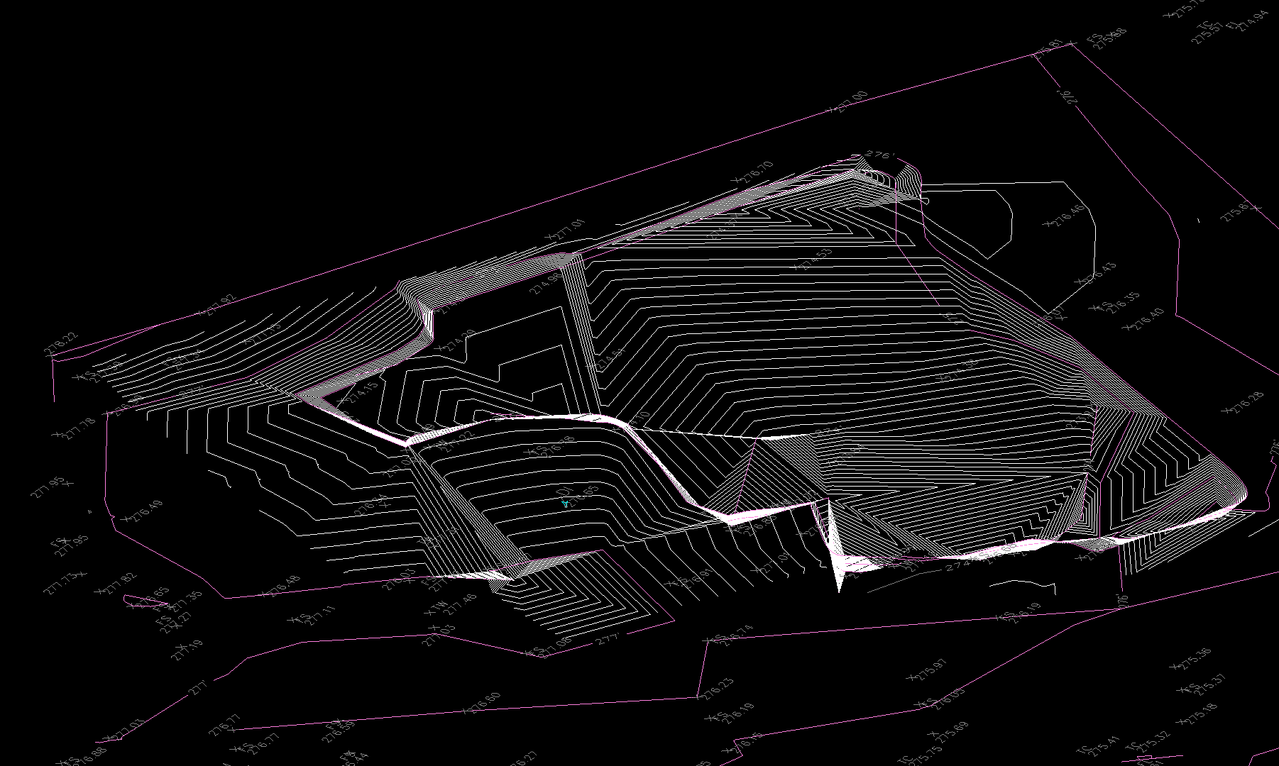 Existing site topography showing pre-fire contours, spot elevations, and drainage patterns flowing NW to SE across the property