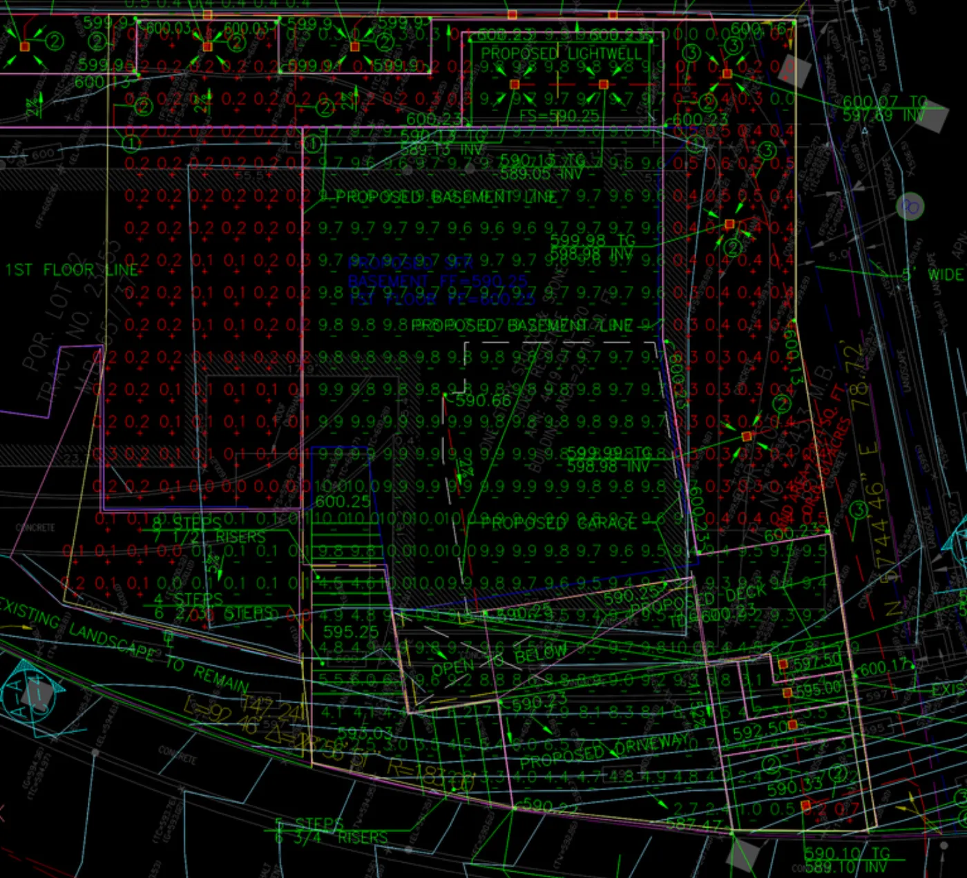 Cut and fill depth analysis for the Pacific Palisades hillside project, showing a color-coded map with positive values for cut in feet and negative values for fill, computed from the existing and proposed surfaces to verify earthwork is under 1000 CY