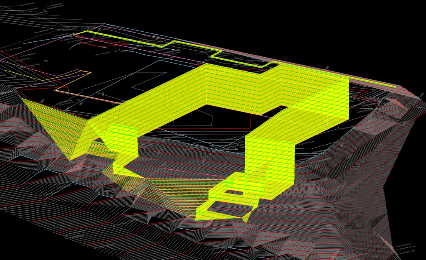 Proposed contour map for the same Pacific Palisades hillside lot, showing the proposed grading plan shaped to follow the house pad, basement, attached garage, and new driveway apron down to the street