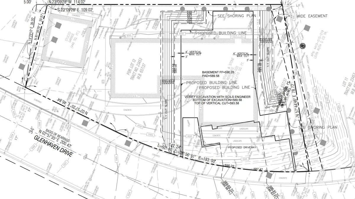 Excavation plan showing basement and garage level construction on a steep Pacific Palisades lot with typical 2:1 slope shoring limits