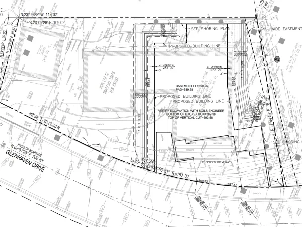 Excavation plan showing basement and garage level construction on a steep Pacific Palisades lot with typical 2:1 slope shoring limits