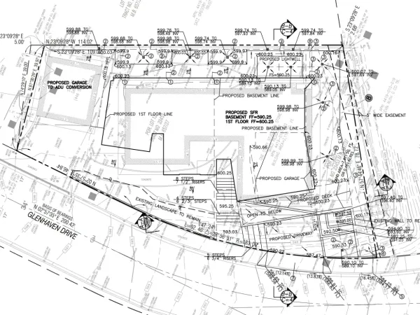 Grading plan for a Pacific Palisades hillside lot showing proposed grades, area drains, and drainage routing on a 12% slope street