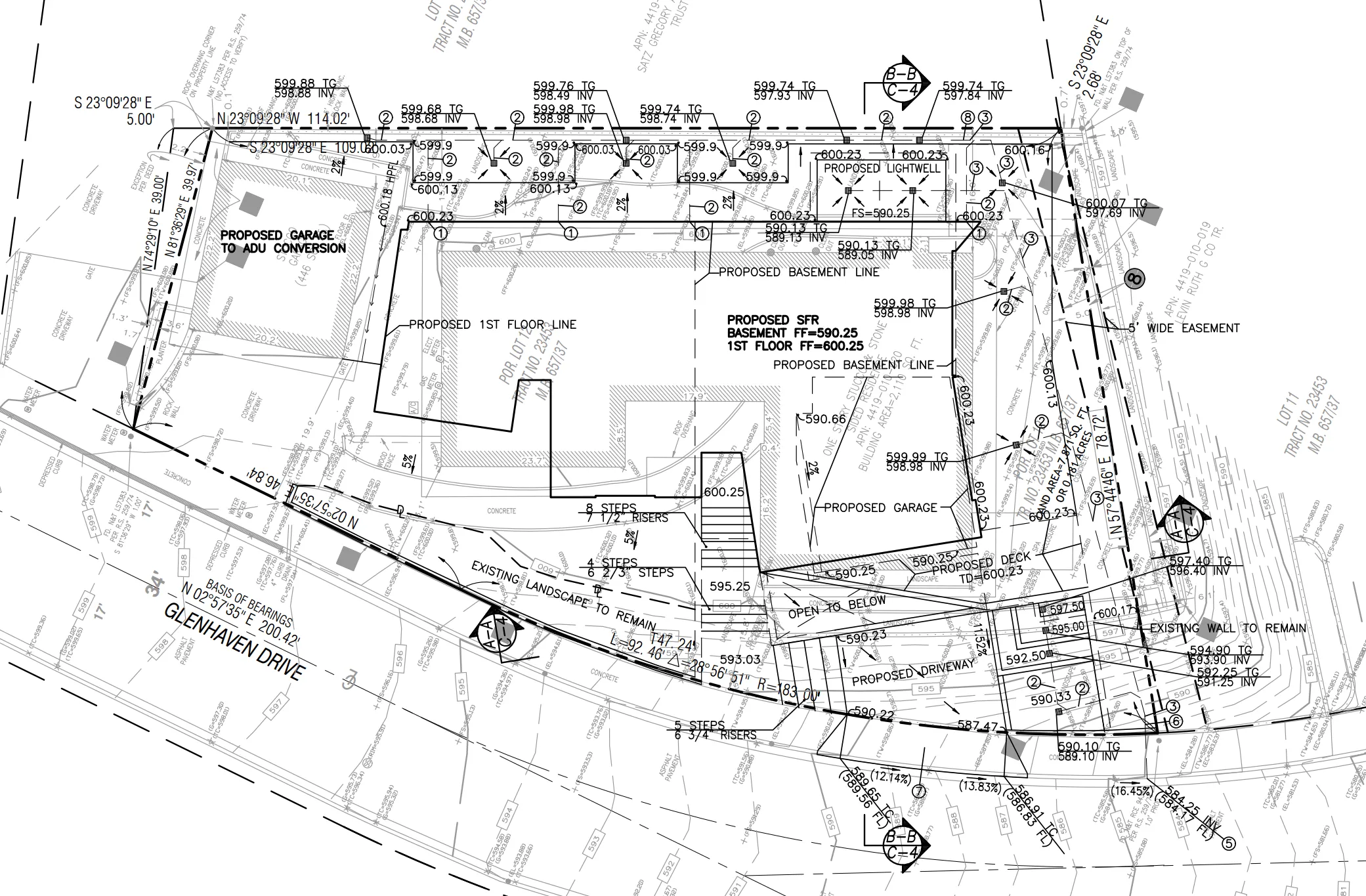 Grading plan for a Pacific Palisades hillside lot showing proposed grades, area drains, and drainage routing on a 12% slope street