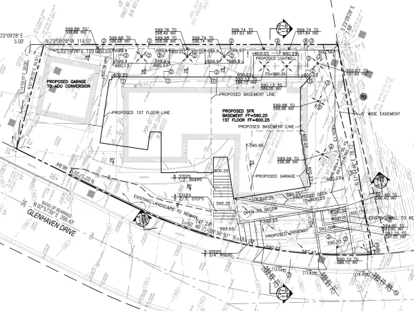 Grading plan for a Pacific Palisades hillside lot showing proposed grades, area drains, and drainage routing on a 12% slope street