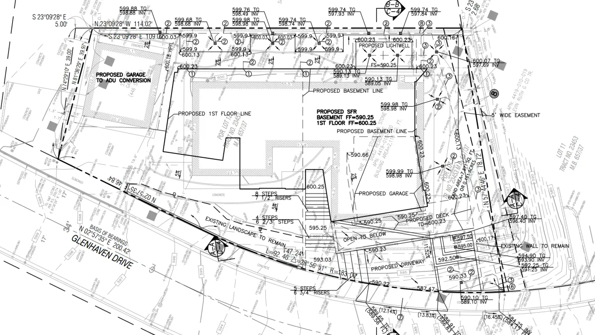 Pacific Palisades Grading Plan: 12% Slope, Basement Level, and Deep Trench Drainage