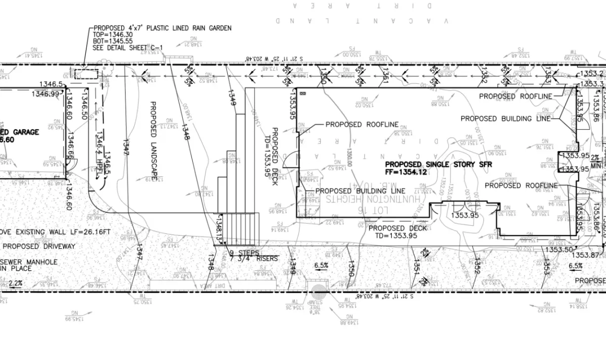 Drainage plan for Altadena residential project showing flowlines, elevations, and slope arrows