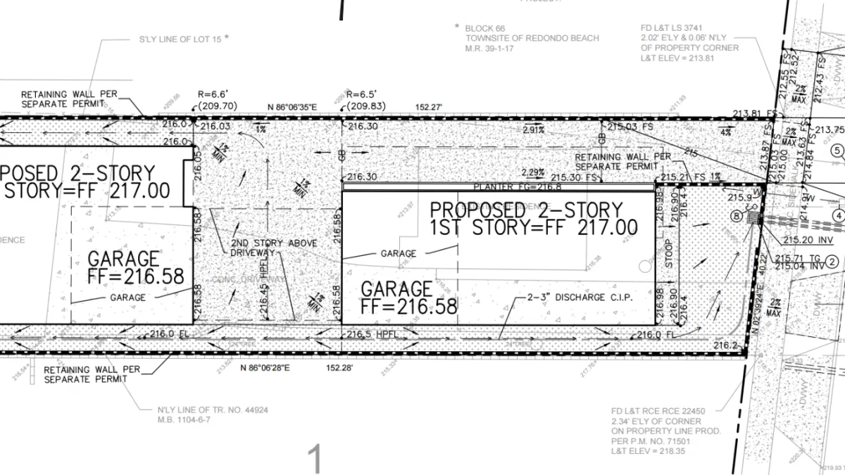 Grading and drainage plan for St Lucia Avenue in Redondo Beach showing two proposed 2-story container homes, bridge structure, driveway under bridge to garages, storm drain pipes, pump outlet, retaining walls, and right-of-way improvements including new sidewalk and curb