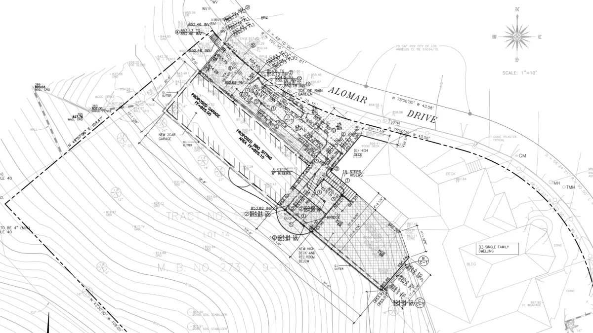 Grading plan for Sherman Oaks hillside residence showing proposed garage, deck, rec room, rain garden, contours, and drainage improvements