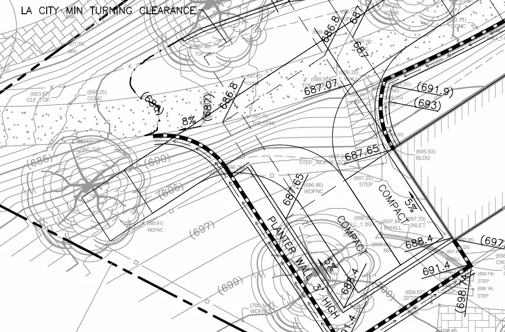 Silver Lake driveway grading design showing retaining walls and parking area