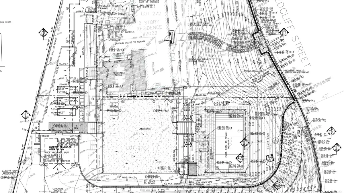 Grading and drainage plan for Silver Lake residential project showing contour lines, retaining walls, rain barrels, swales, and proposed structures