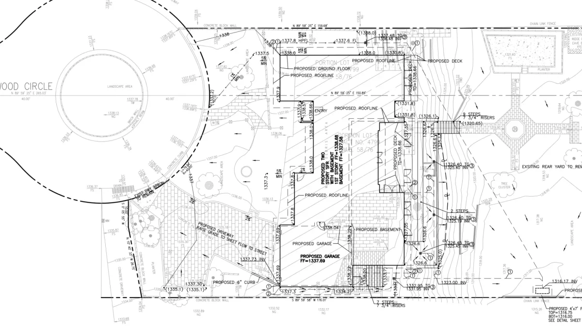 Drainage plan for Altadena residential project showing flowlines, elevations, and slope arrows