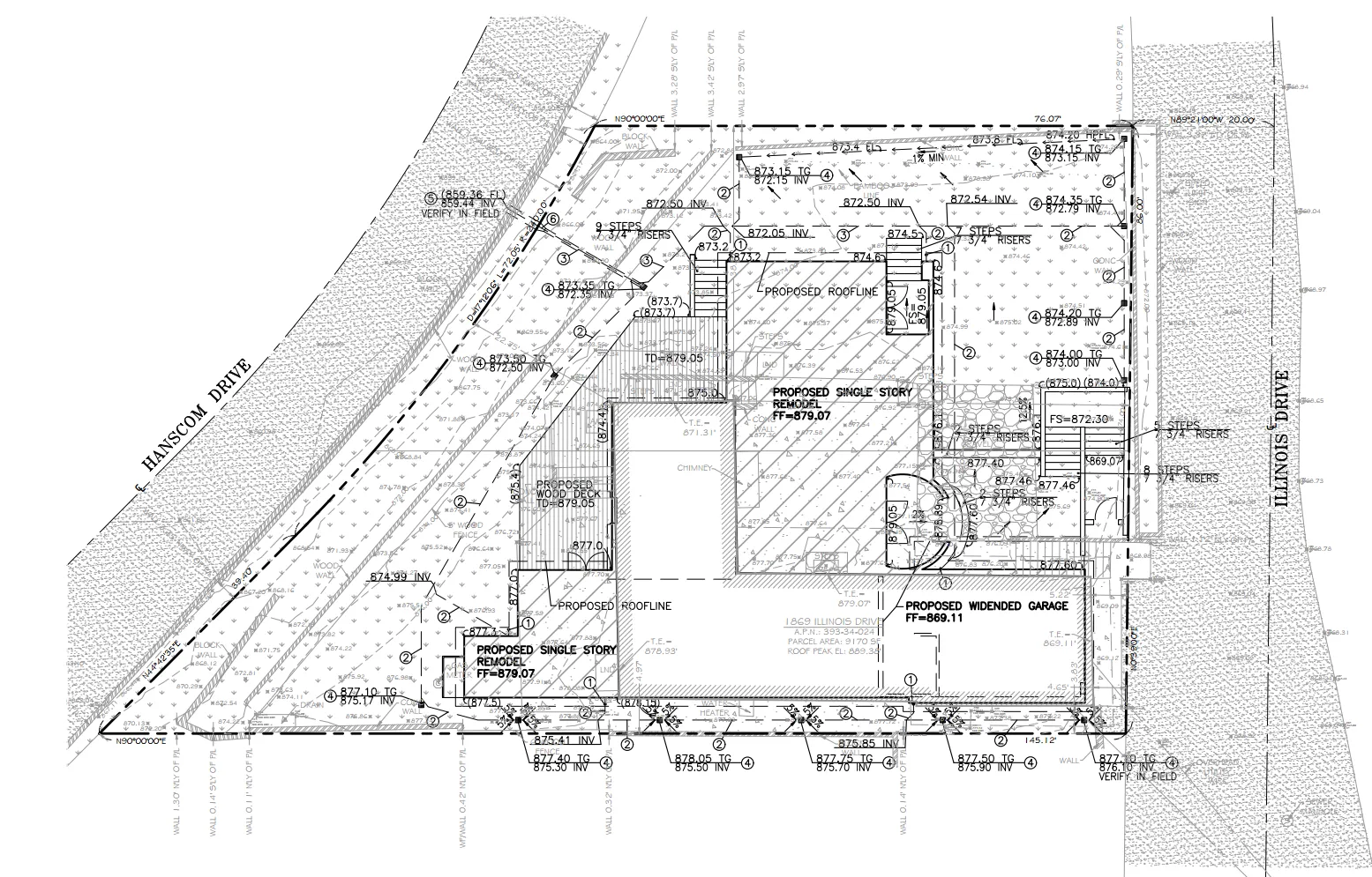 A residential grading plan for 1708 Illinois Drive in South Pasadena showing proposed contours, spot elevations, and drainage routing exiting to Hanscom Drive via rectangular steel pipe