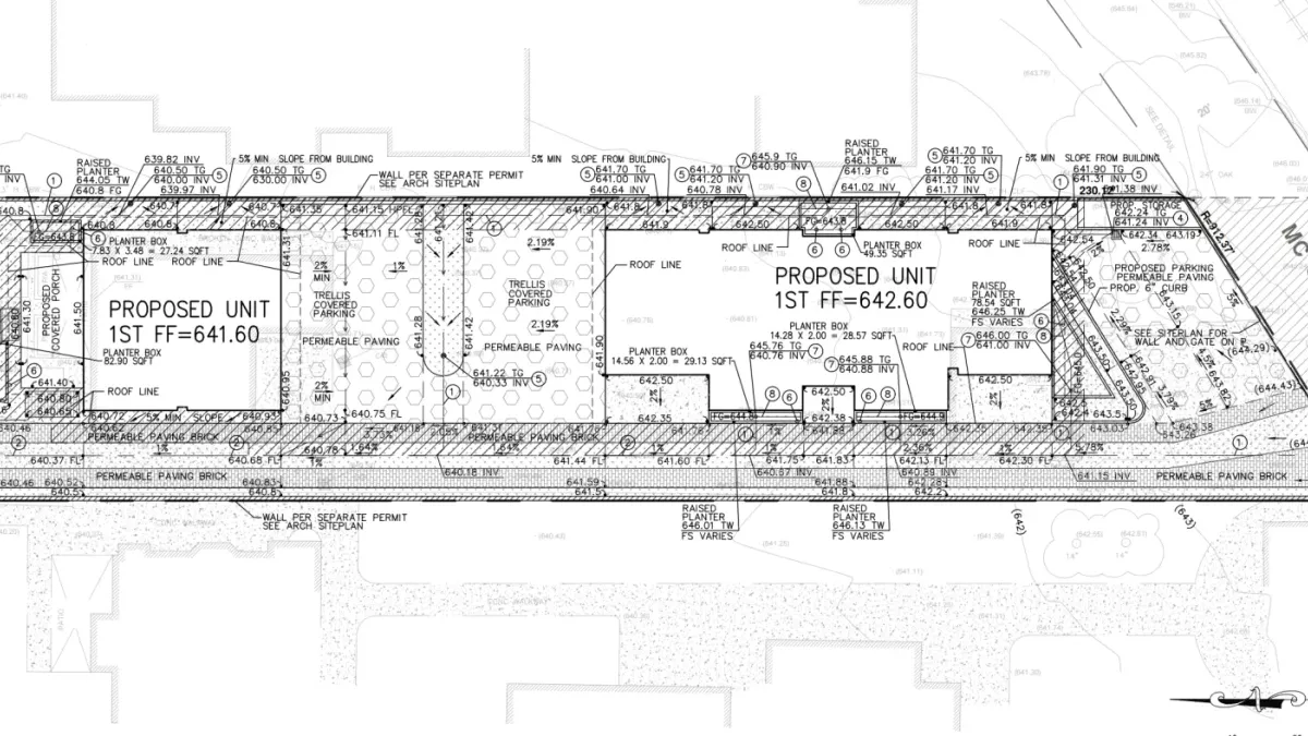 Grading and drainage plan for Orange Grove Place residential project showing contours, LID planter boxes, permeable paving, catch basins, and proposed structures