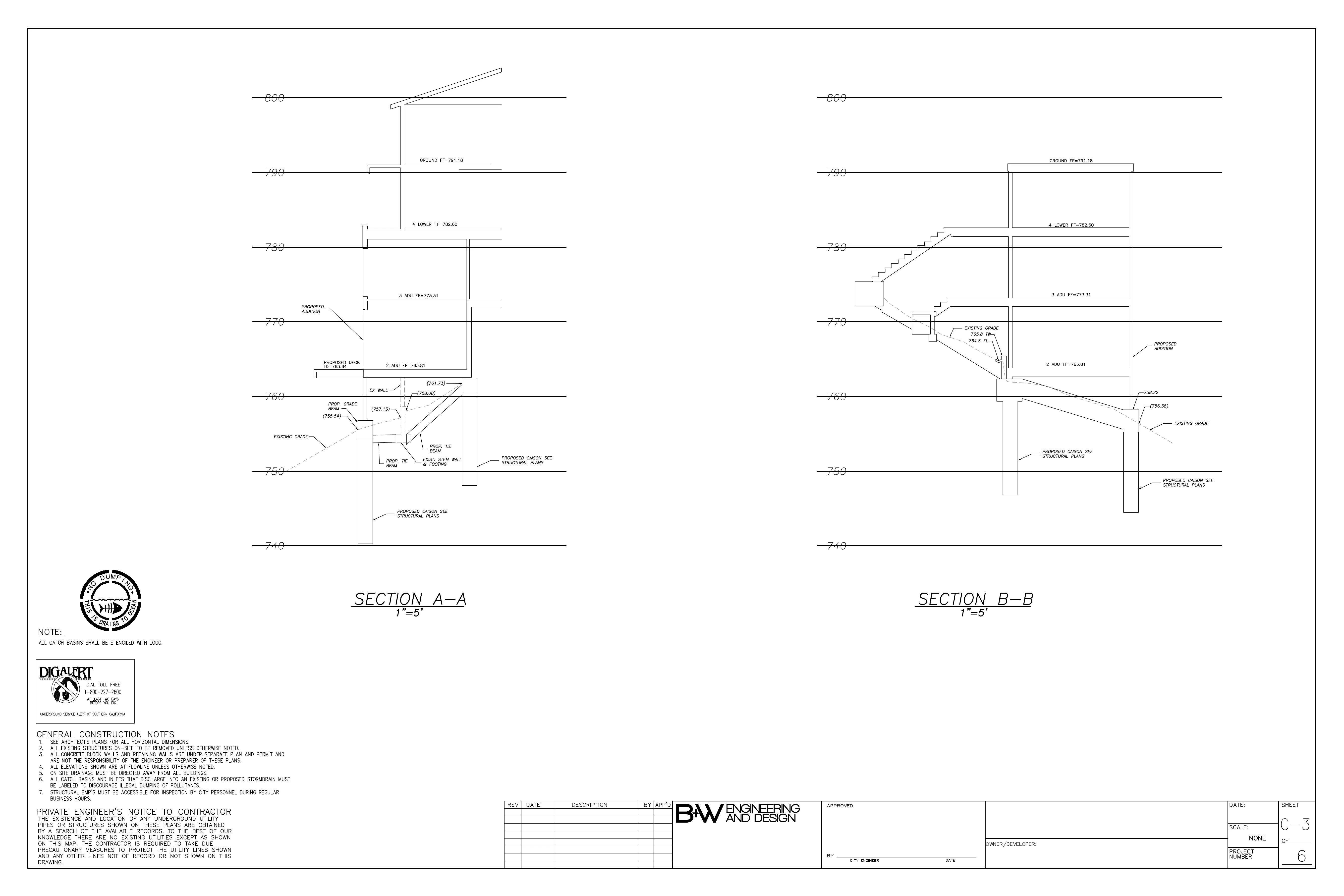 South Pasadena Grading Sections - Cross-sections showing proposed caissons, tie beams, existing grade versus proposed grade, and four distinct floor levels stepping down the hillside