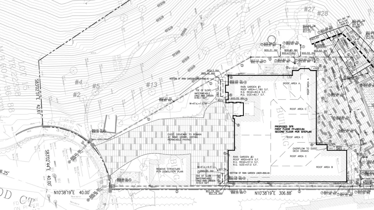 Grading plan for Studio City residence on Wrightwood Court showing contours, rain gardens, permeable paving, catch basins, and proposed 2-story house layout