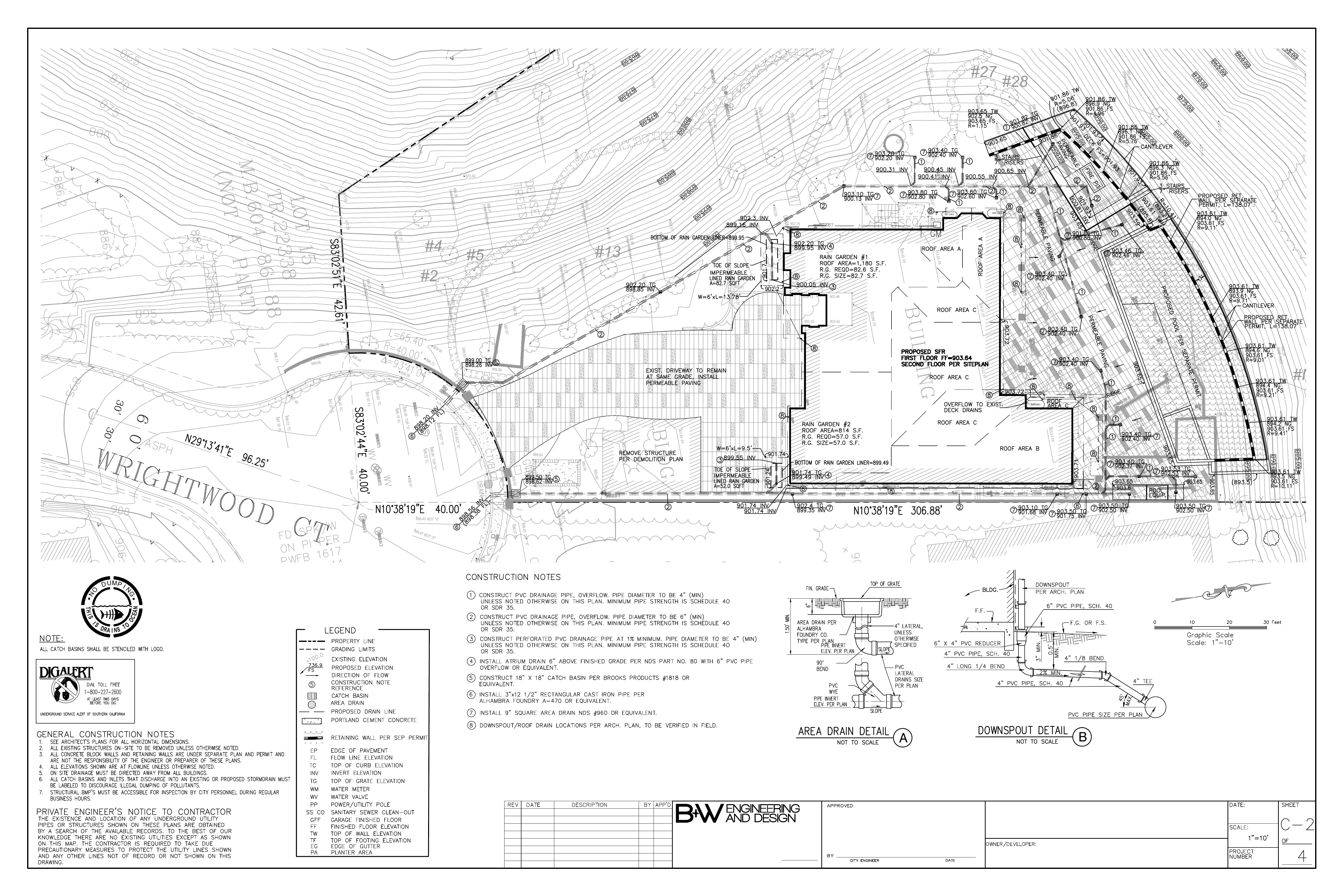Studio City grading plan showing contours, rain gardens, permeable paving, catch basins, and drainage for proposed single-family residence on hillside