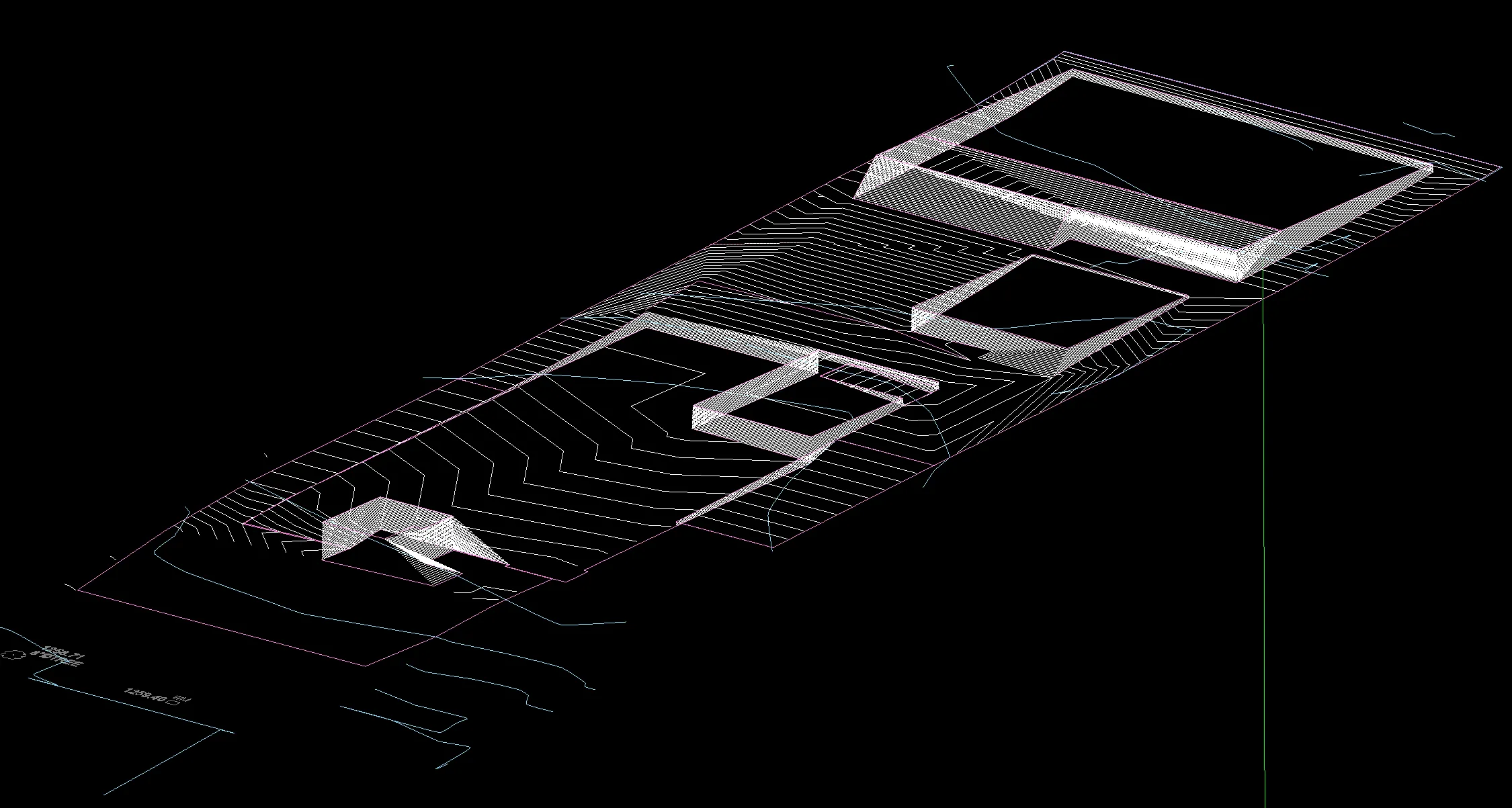 Proposed 3D model showing finished floors, flowlines, and area drains for Altadena fire rebuild drainage design