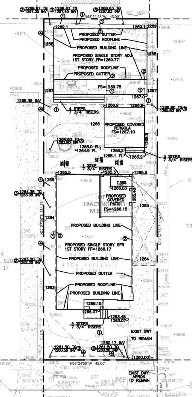 Final drainage plan for Altadena West Mariposa fire rebuild showing all flowlines coordinated with proposed topography