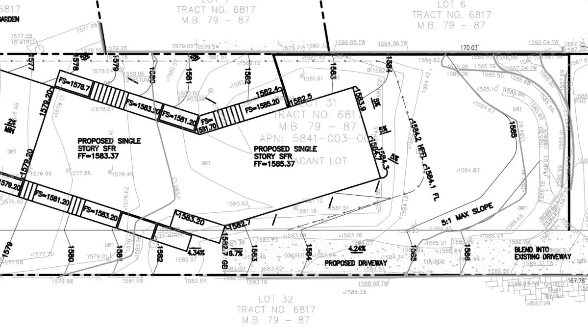 Drainage plan for Altadena residential project showing flowlines, elevations, and slope arrows