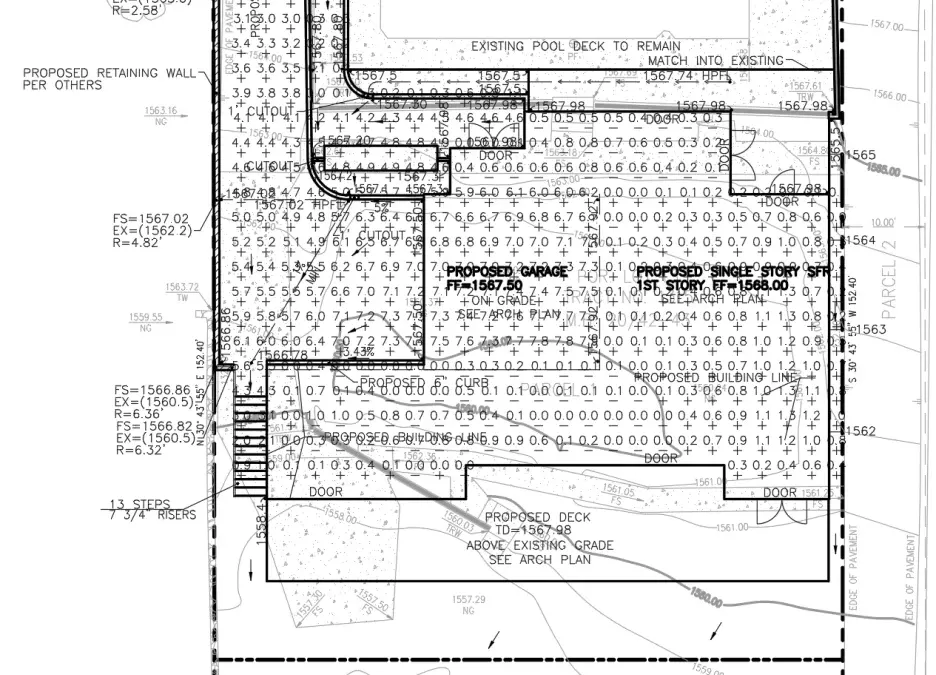 Earthwork exhibit showing drainage plan and cut/fill numbers