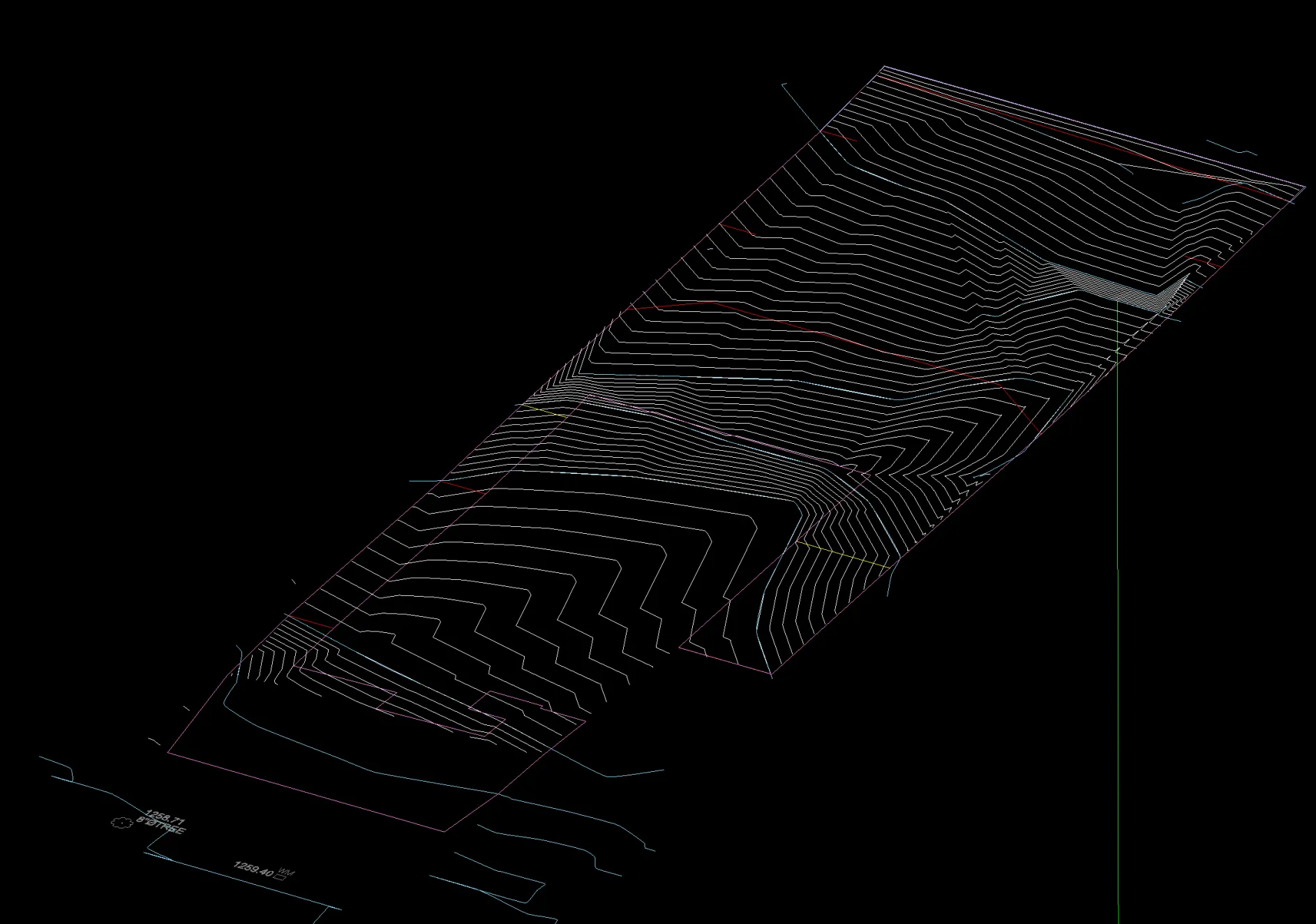 Existing 3D topographic model showing current Altadena lot topography with survey elevation markers and contours