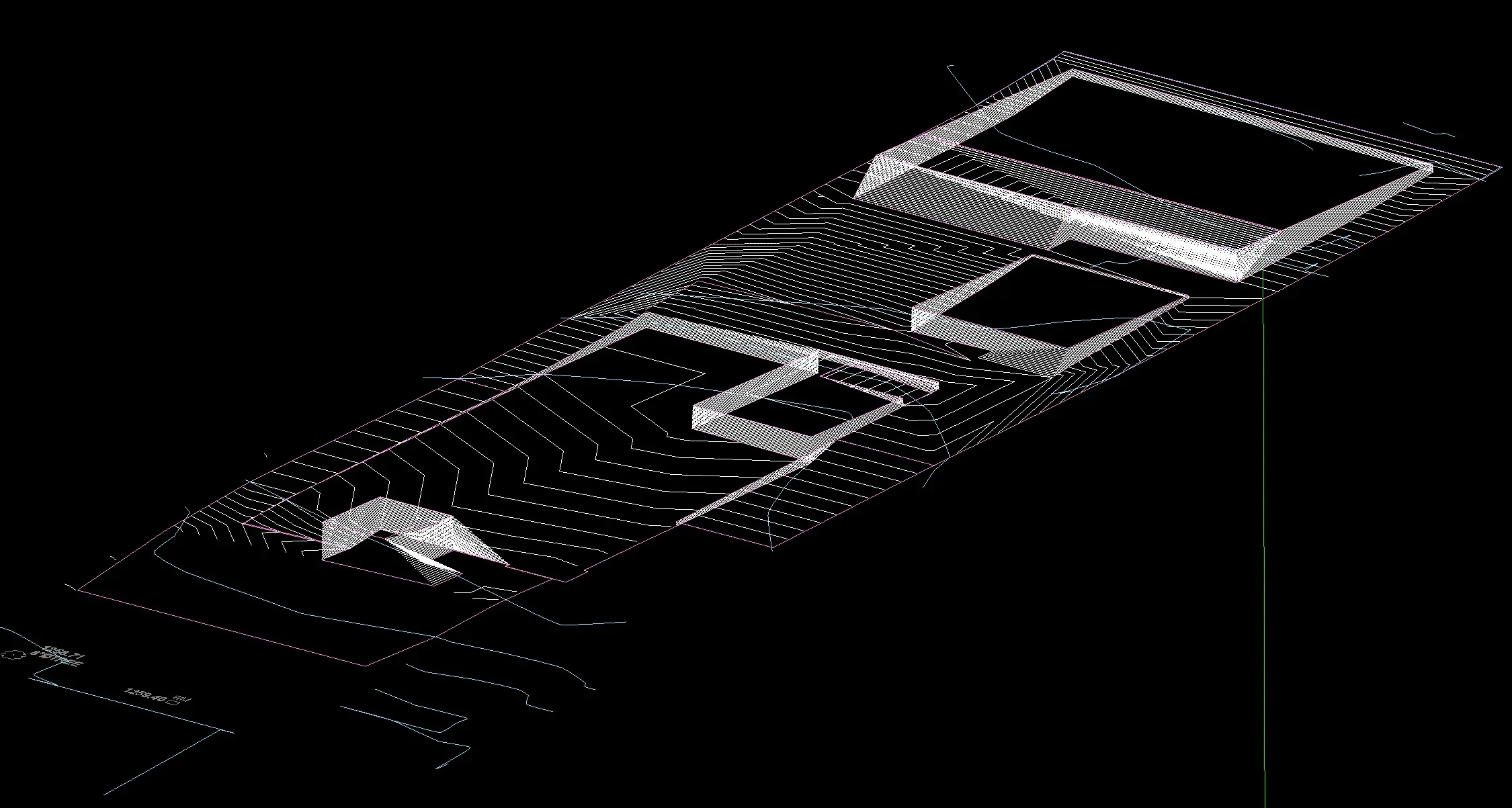 Proposed 3D model showing finished floors, flowlines, and area drains for Altadena fire rebuild drainage design