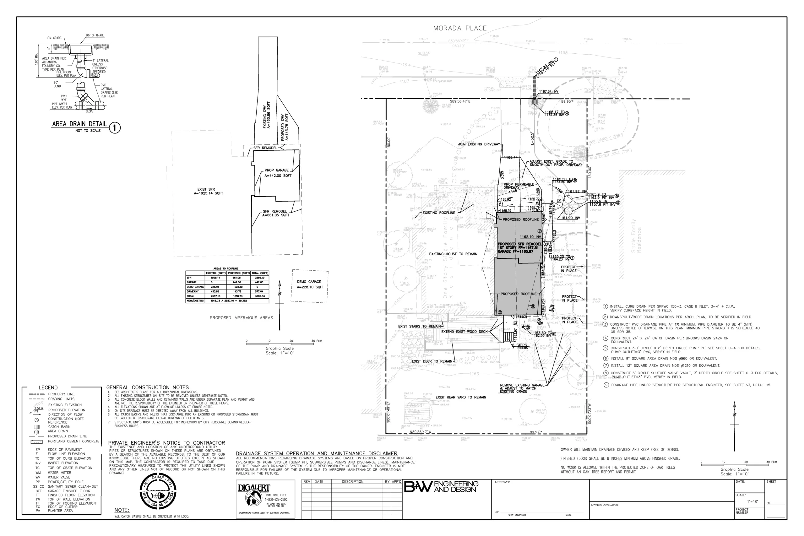 Grading and Drainage Plan - Morada Place, Altadena, showing proposed garage and remodel footprints, topography contours, impervious area calculations, and stormwater management.