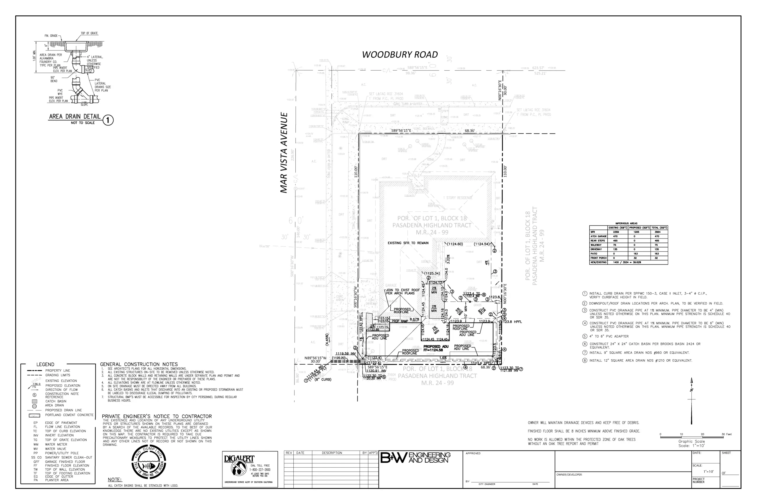 Grading and Drainage Plan - Woodbury Road and Mar Vista Avenue, Pasadena, showing ADU site development, proposed elevations, and stormwater system with drainage pipes and area drains.