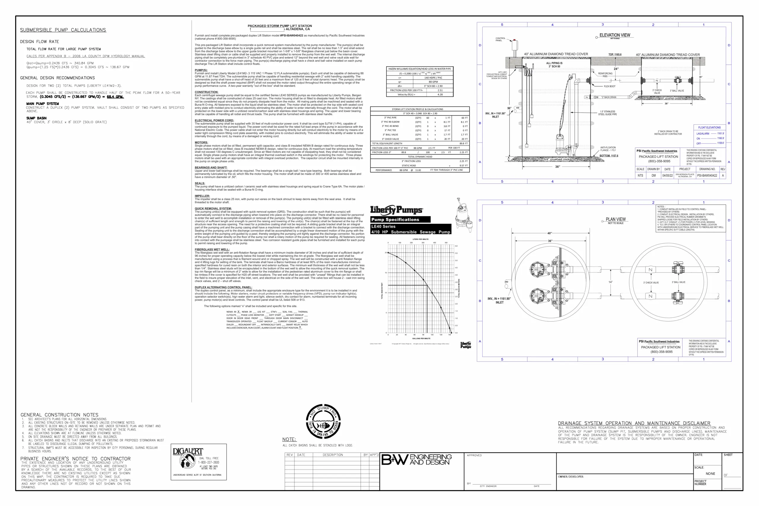 Stormwater Lift Station - Altadena, showing submersible pump calculations for 50-year storm event, duplex pump system, 36-inch fiberglass wet well, and detailed specifications.