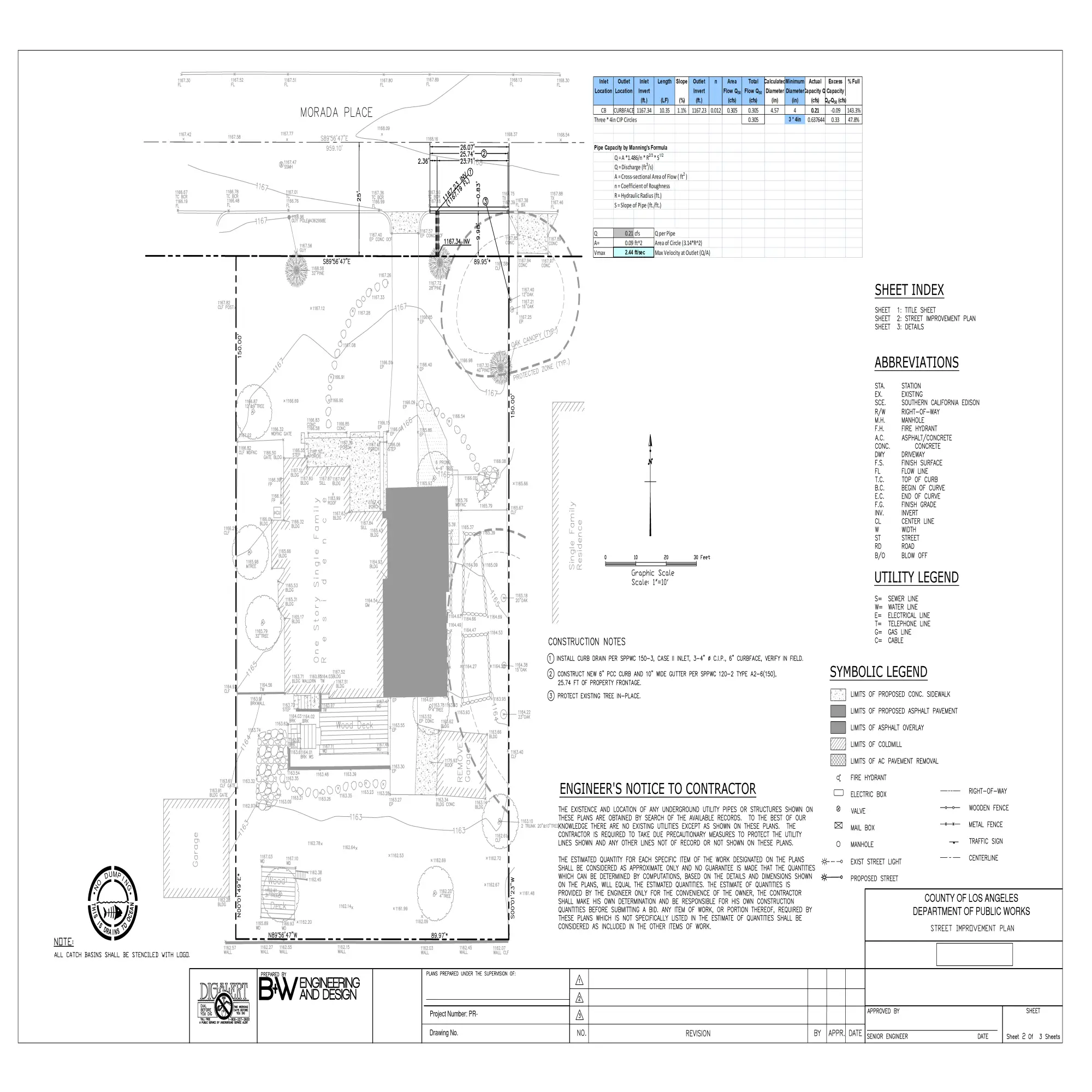 Street Improvement Plan - Morada Place, Los Angeles County, showing proposed curb, gutter, sidewalk, topographic elevations, and storm drain calculations with Manning's Formula.