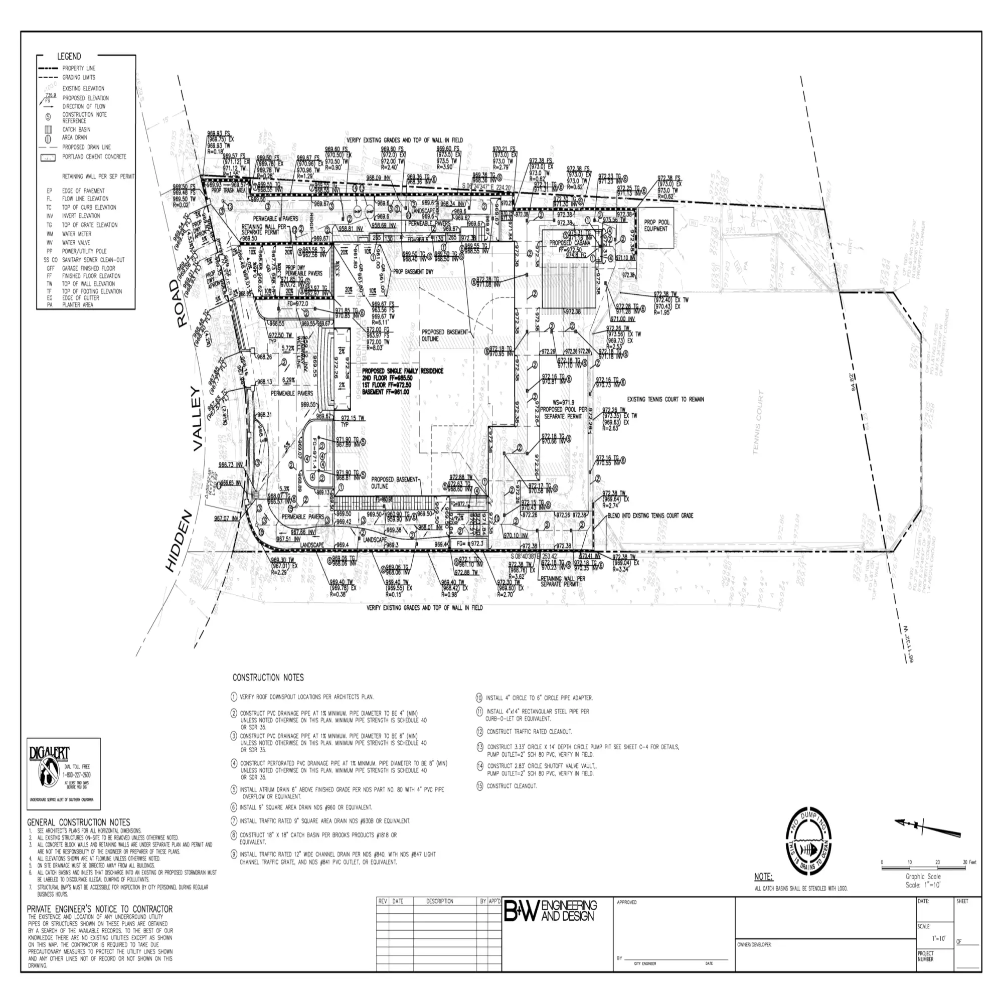Beverly Hills Site Plan - Hidden Valley Road showing proposed residence, pool, tennis court, retaining walls with TW and FS elevations, drainage pipes, catch basins, and construction notes