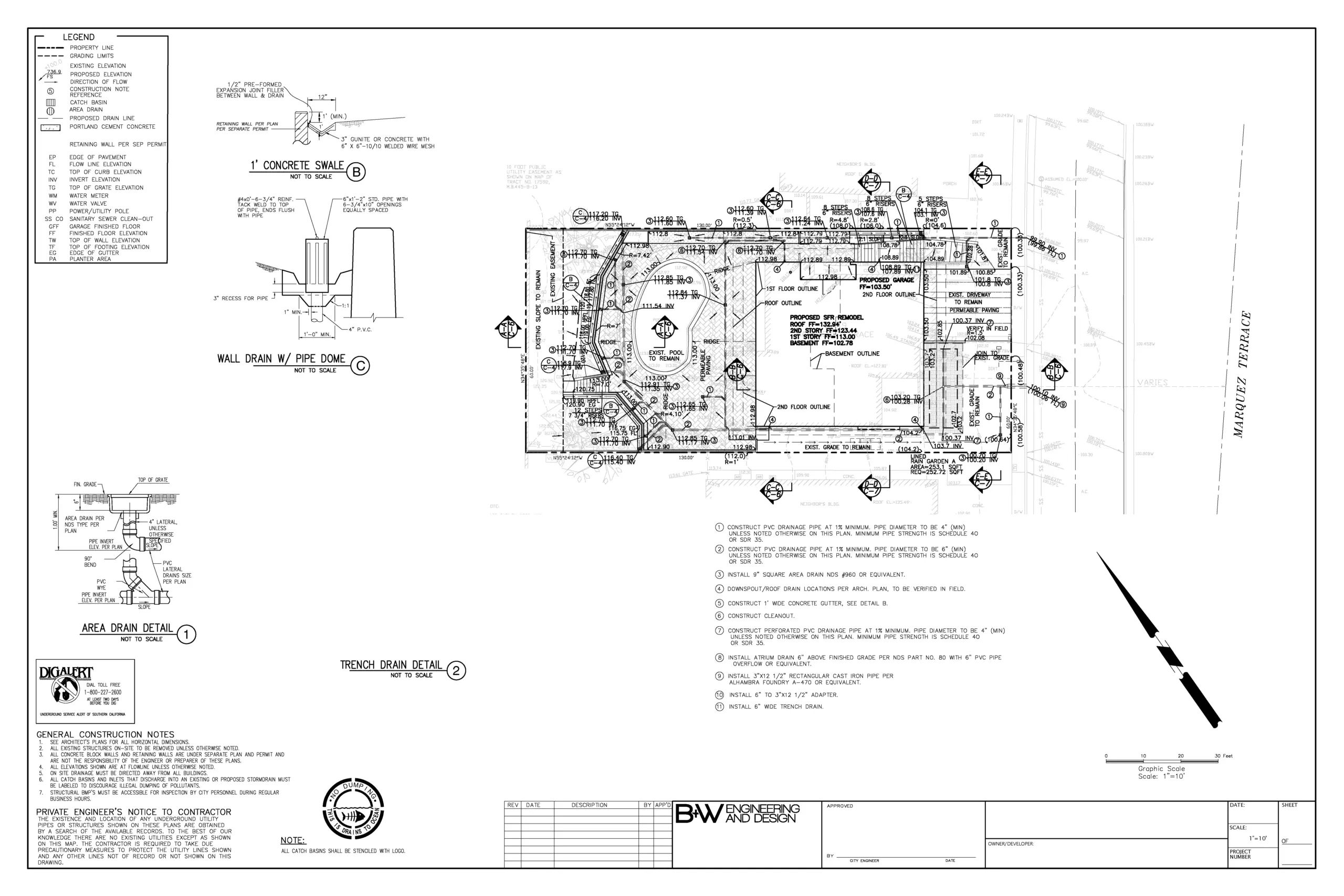 Grading and Drainage Plan - Marquez Terrace, Los Angeles, showing proposed residence remodel, site elevations, drainage swales, area drains, and retaining walls.