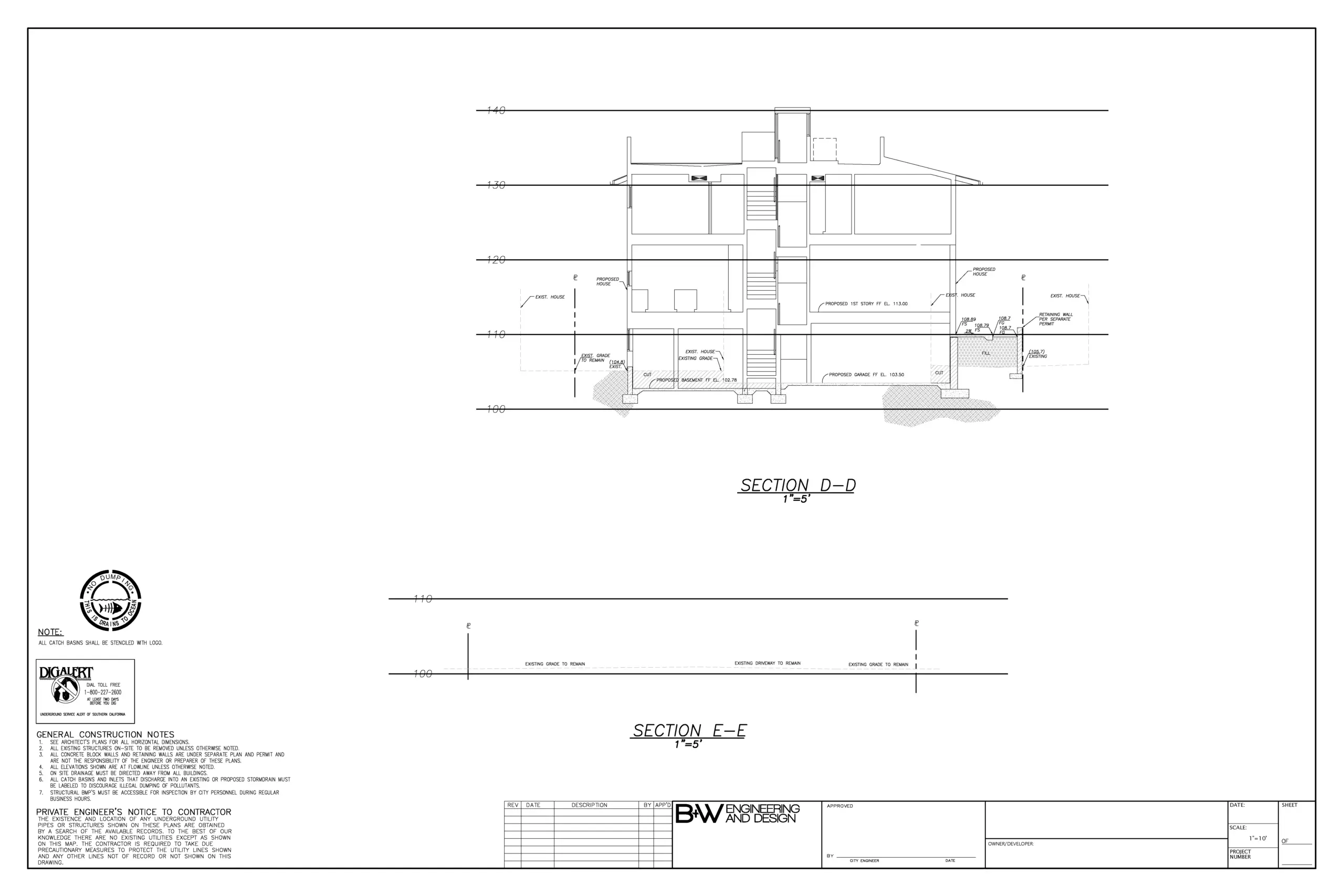 Grading Section - Marquez Terrace showing proposed building profile with basement, garage, multiple story elevations and existing grade conditions.