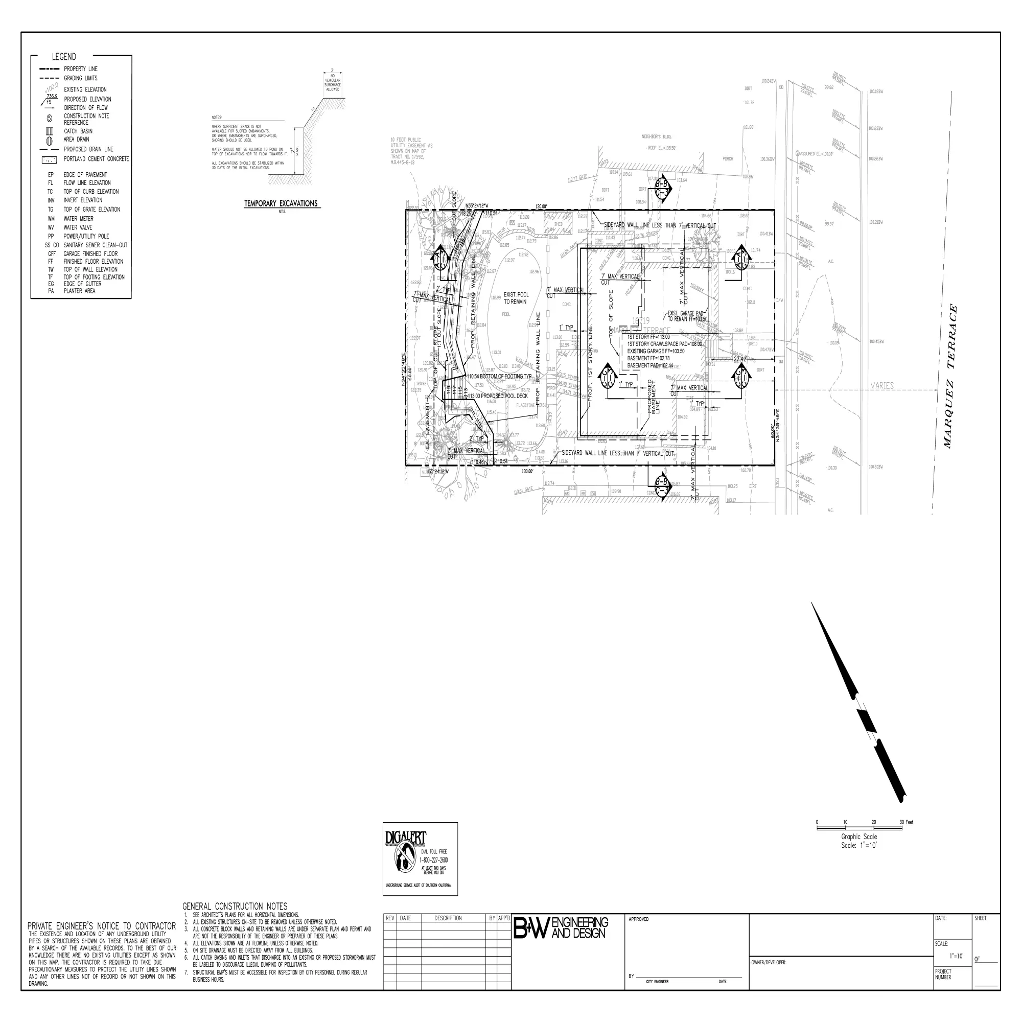 Grading and Drainage Plan - Marquez Terrace showing proposed residence, pool, topographic elevations, drainage system, catch basins, and retaining walls.