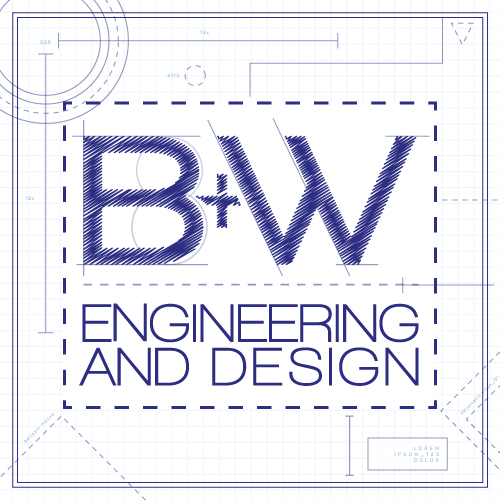 B+W Engineering and Design logo designed to resemble blueprints, symbolizing the intricate planning, precision, and expertise inherent in their engineering and design projects. The use of blueprint aesthetics underscores the firm's deep-rooted commitment to foundational excellence and innovative solutions.